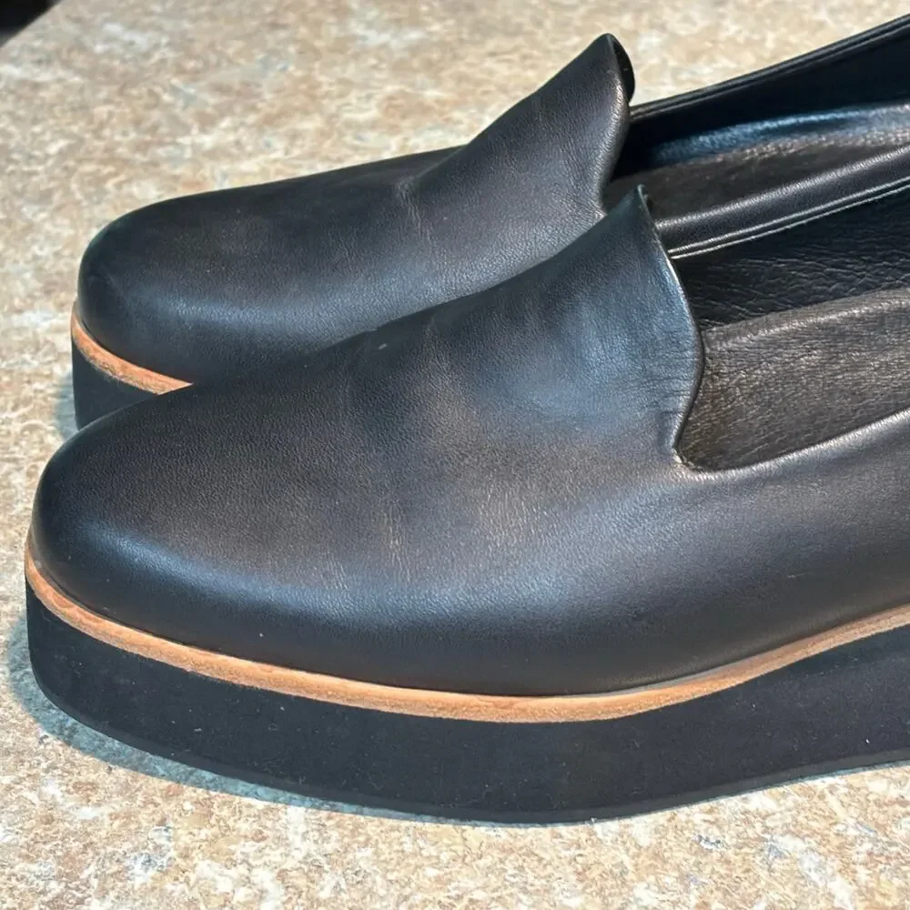 Gram Svarta Black Platform Flat Slip on Leather Loafers Shoes Size 7.5